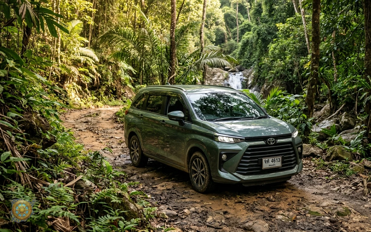 Metallic green Toyota Veloz 2026 seven-seat MPV on the jungle track to the Na Muang waterfalls in Koh Samui, Thailand