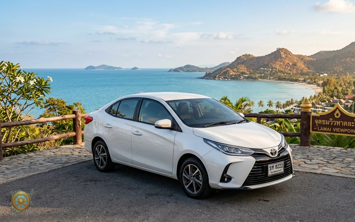 Pearl white Toyota Vios 2026 sedan at the Lamai Beach viewpoint in Koh Samui, Thailand