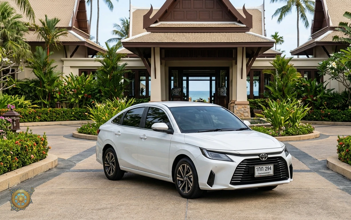 White Toyota Yaris Ativ 2026 economy sedan parked at a resort entrance in Koh Samui, Thailand