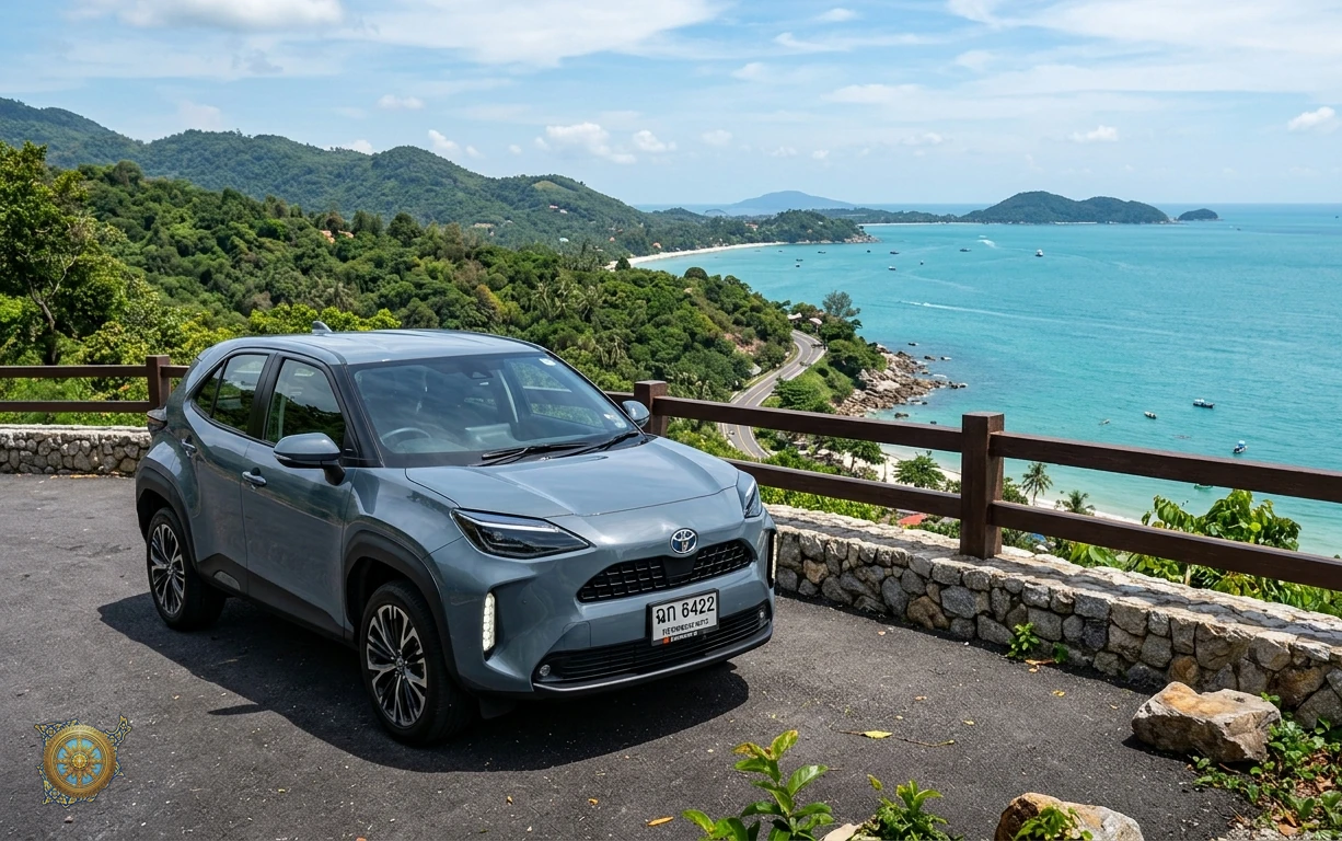 Slate grey Toyota Yaris Cross 2026 compact crossover at the Lad Koh viewpoint in Koh Samui, Thailand
