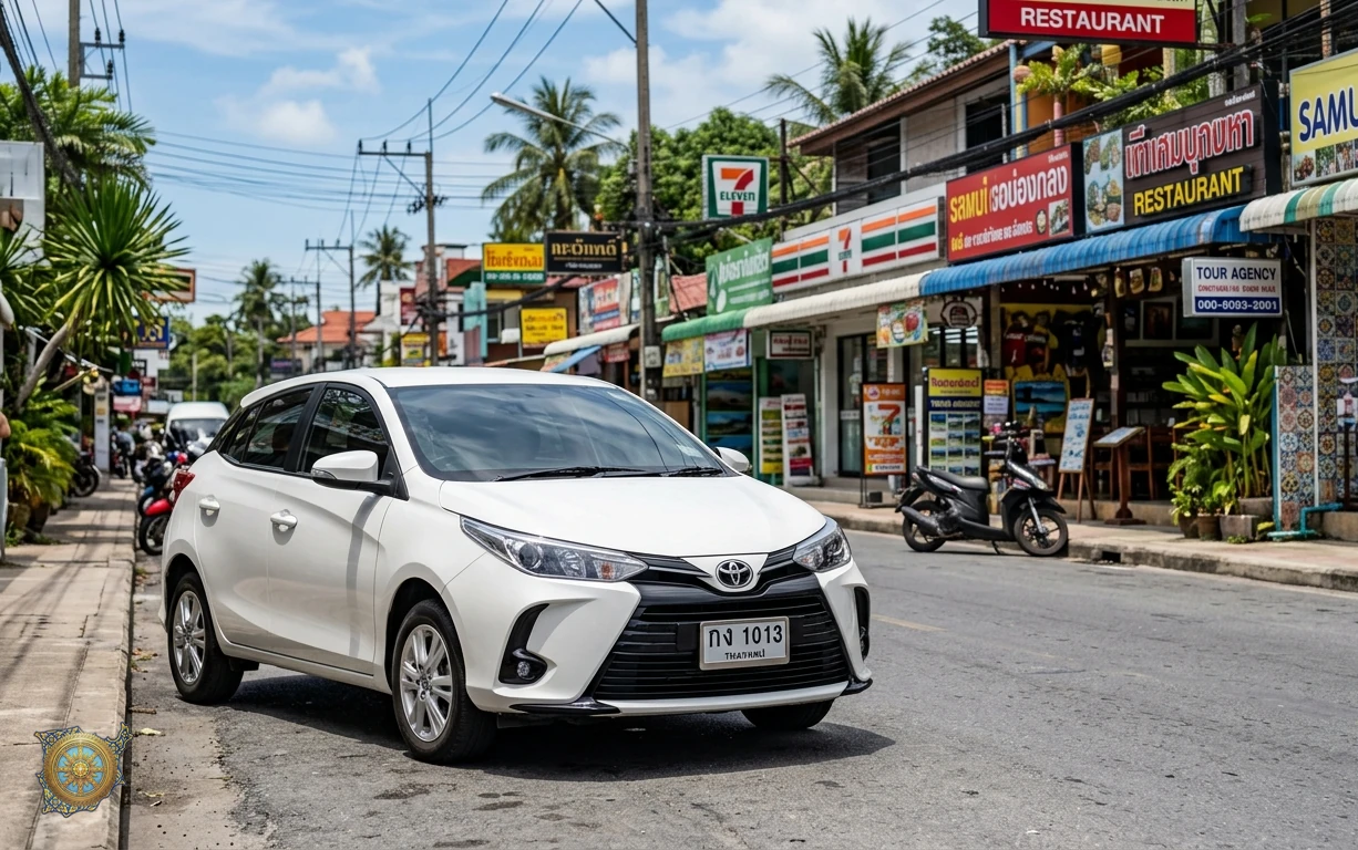 White Toyota Yaris 2026 hatchback on Chaweng Beach Road in Koh Samui, Thailand