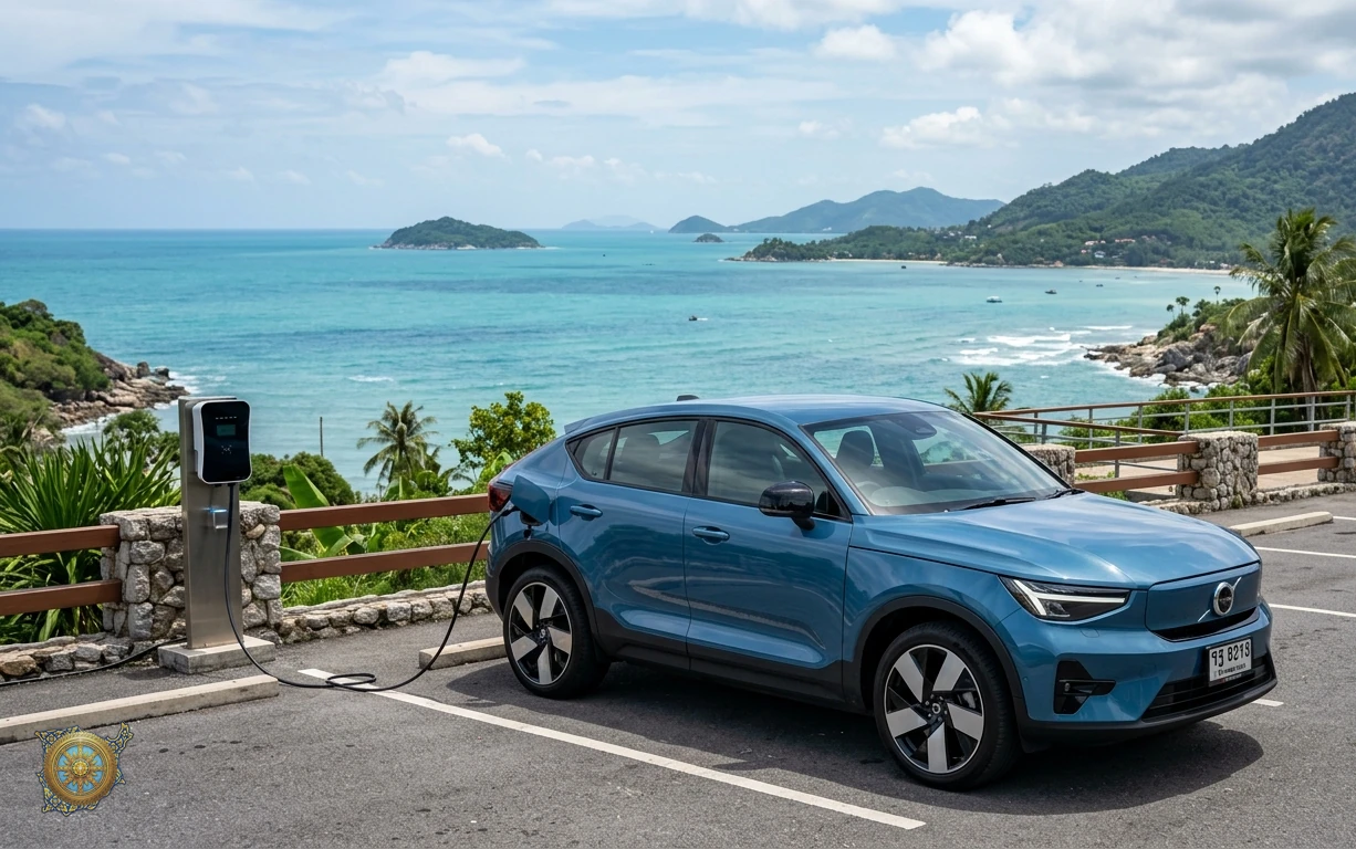 Metallic blue Volvo C40 Recharge 2026 electric crossover charging at a viewpoint overlooking the Gulf of Thailand in Koh Samui, Thailand